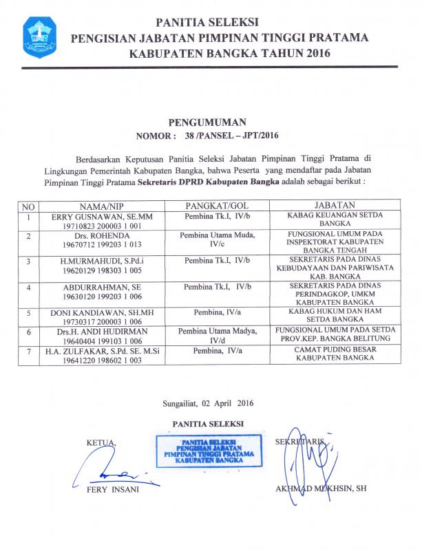 Pengumuman Peserta yang mendaftar pada JPT Pratama Sekretaris DPRD Kabupaten Bangka