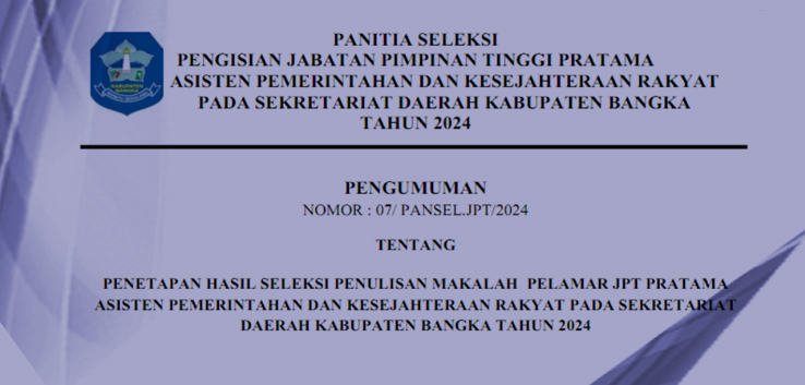 PENETAPAN Hasil Seleksi Penulisan Makalah Pelamar JPTP Asisten Pemerintahan dan KESRA SETDA Kab. Ban