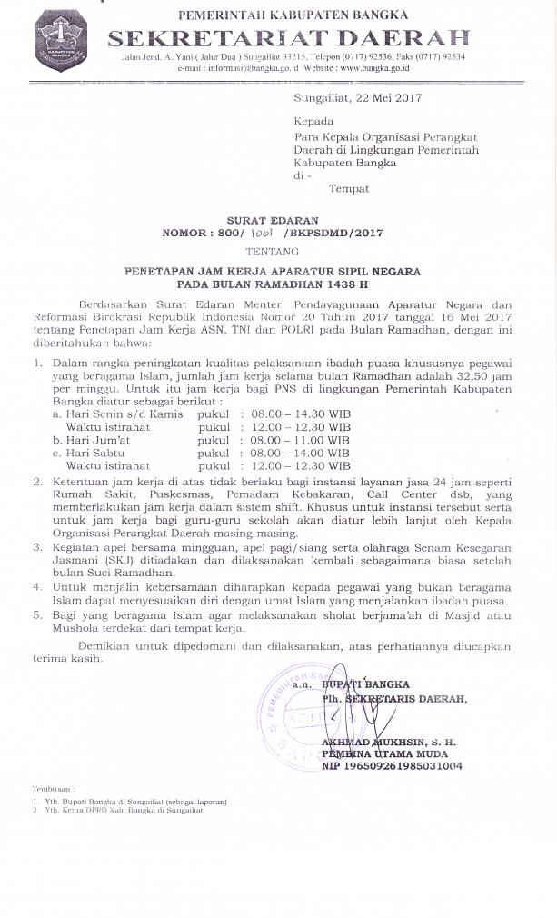 Edaran tentang Penetapan Jam Kerja ASN Pada Bulan Ramadhan 1438 H