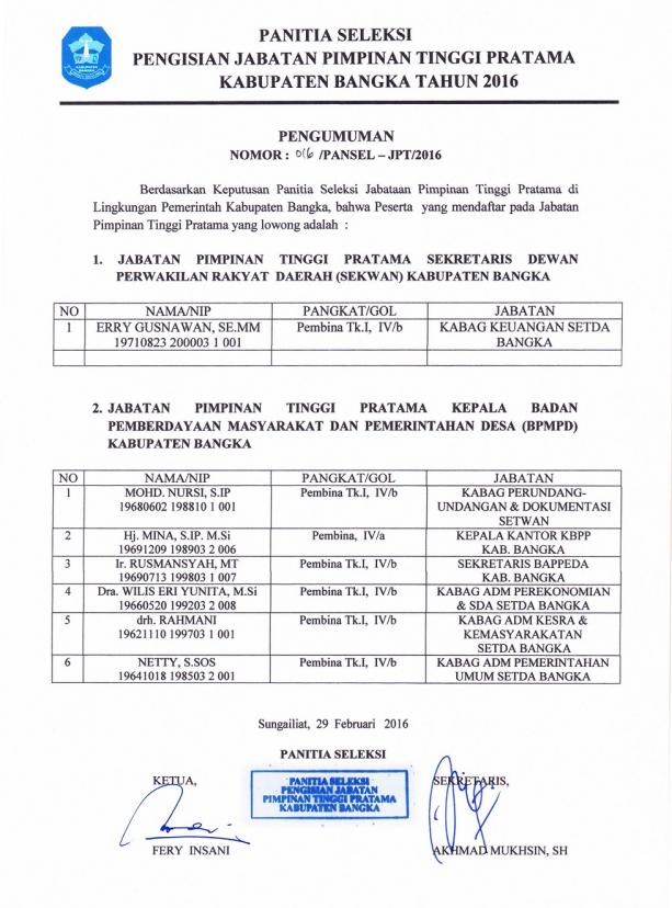 Pengumuman Nama-nama Peserta yang mendaftar pada Seleksi JPT Pratama Sekwan dan Kepala BPMPD Kabupat