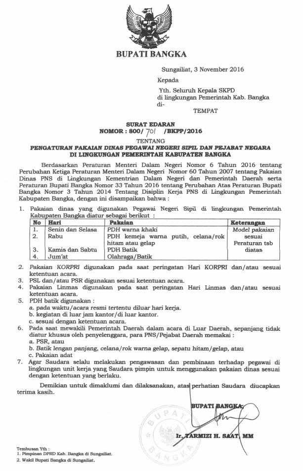 Surat Edaran tentang Peraturan Pakaian Dinas PNS dan Pejabat Negara