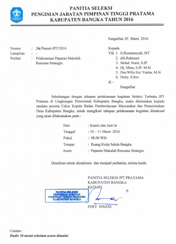 Jadwal Pelaksanaan Paparan Makalah Rencana Strategis Kegiatan Seleksi Terbuka JPT Pratama Sekwan dan