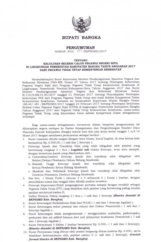 Pengumuman Kelulusan Seleksi CPNS PTT Kemenkes Kab. Bangka Tahun 2017