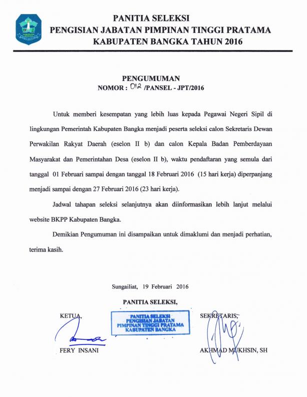 Pengumuman perihal Perpanjangan Waktu Pendaftaran Calon Sekwan dan Ka. BPM Pemdes Kab. Bangka