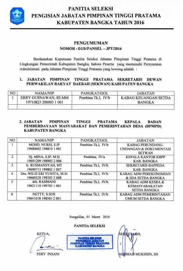 Pengumuman Lulus Seleksi Administrasi pada JPT Sekwan dan Kepala BPMPD Kabupaten Bangka