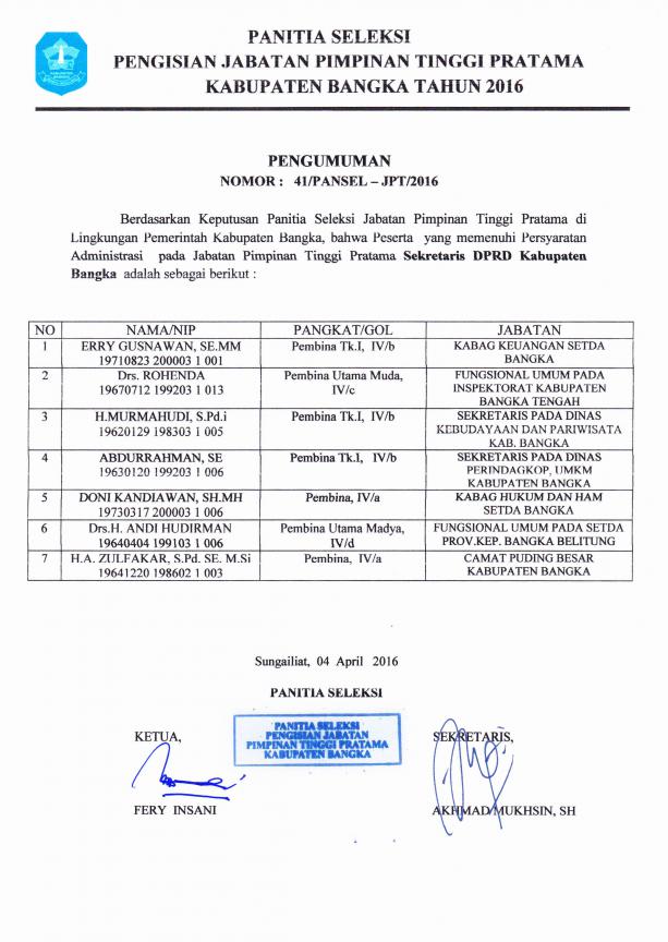 Pengumuman Lulus Seleksi Administrasi pada JPT Sekwan Kabupaten Bangka