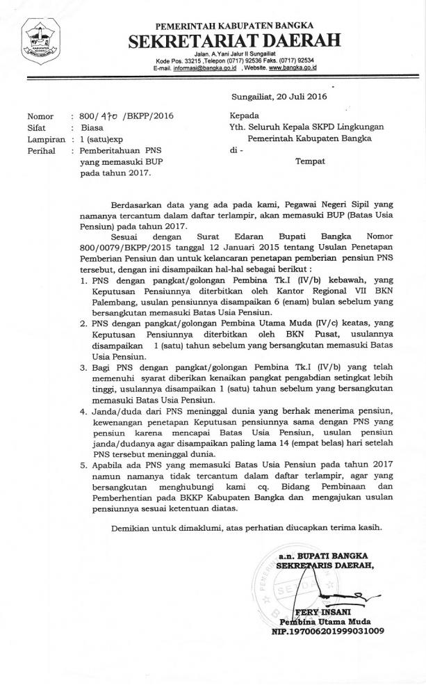 Pemberitahuan PNS yang memasuki BUP pada tahun 2017.