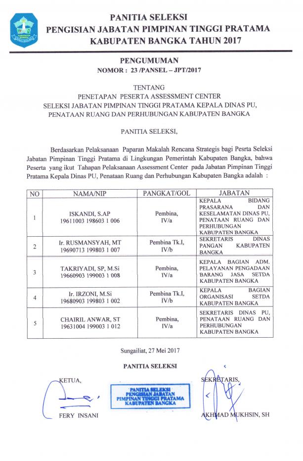 PENGUMUMAN Penetapan Peserta Assessment Center pada Seleksi JPT Kadin PUPRHUB Kab. Bangka