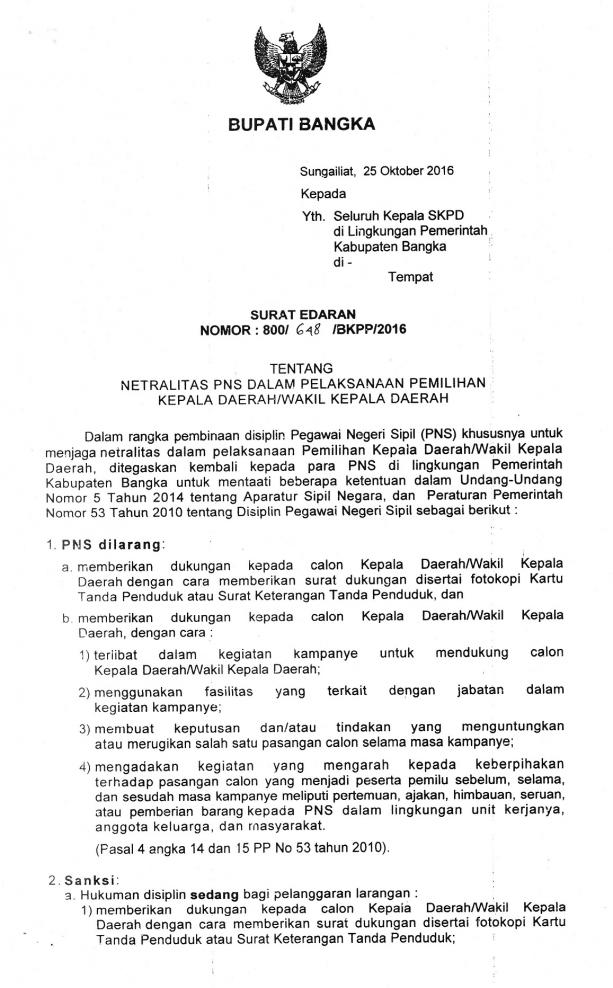 Surat Edaran Bupati Bangka tentang Netralitas PNS dalam Pelaksanaan Pilkada
