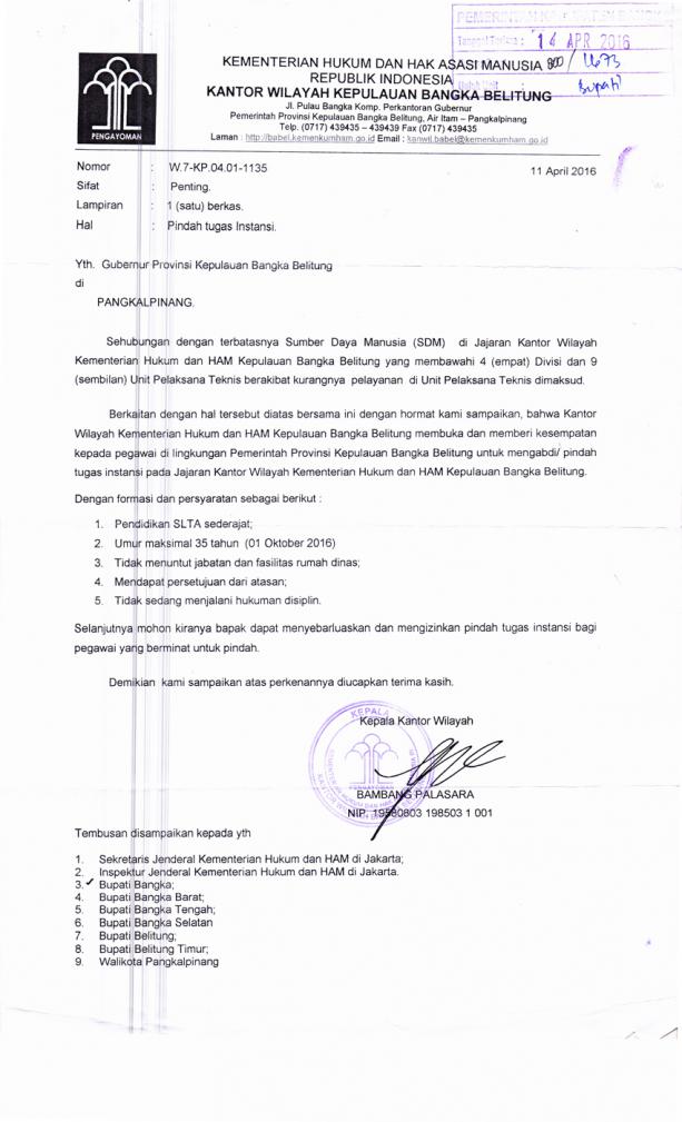 Pindah Tugas Instansi pada Jajaran Kantor Wilayah Kementrian Hukum dan HAM Kepulauan Bangka Belitung