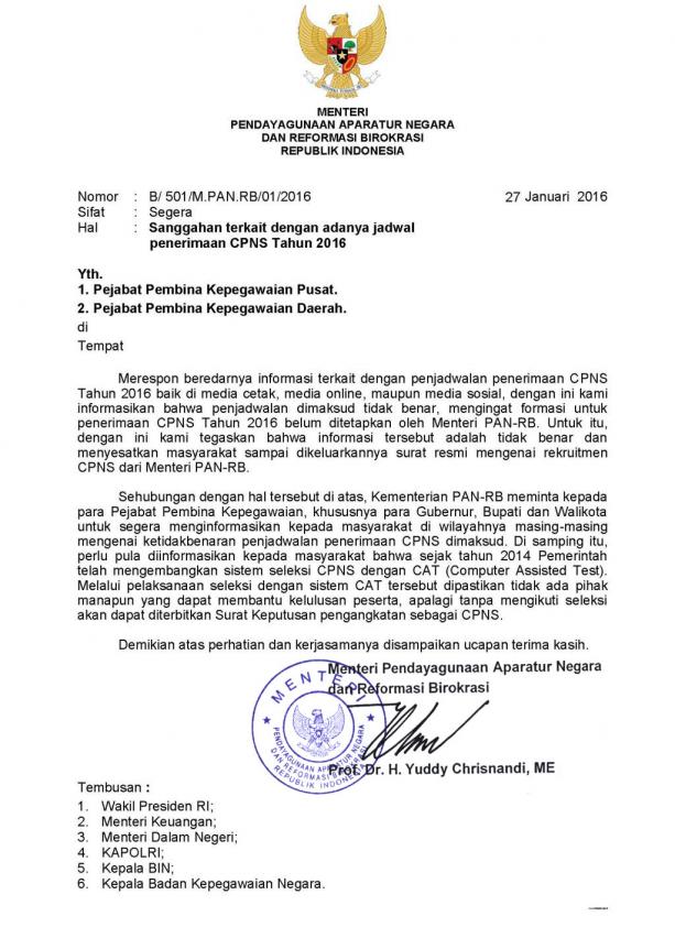 SURAT MENTERI PANRB TENTANG SANGGAHAN TERKAIT DENGAN ADANYA JADWAL PENERIMAAN CPNS TAHUN 2016