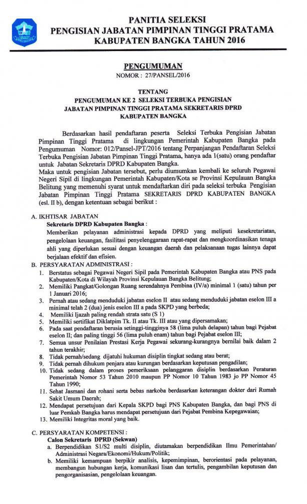 Pengumuman Ke 2 Seleksi Terbuka Pengisian JPT Pratama Sekretaris DPRD Kabupaten Bangka