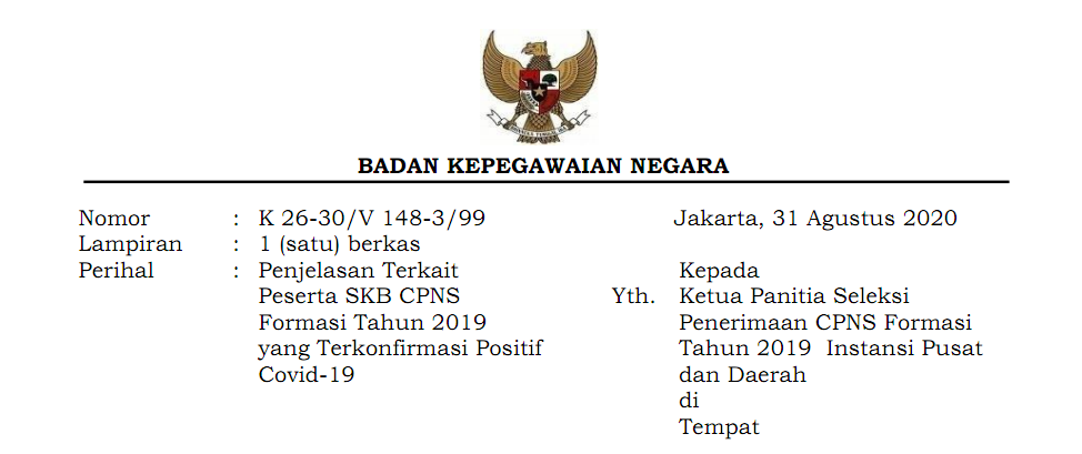 Penjelasan Terkait Peserta SKB CPNS Formasi Tahun 2019 yang Terkonfirmasi Positif Covid-19