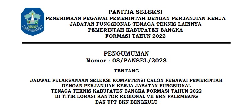 PENGUMUMAN Jadwal Seleksi Kompetensi CPPPK Tenaga Teknis Tahun 2022 Tilok Kanreg VII Palembang dan U